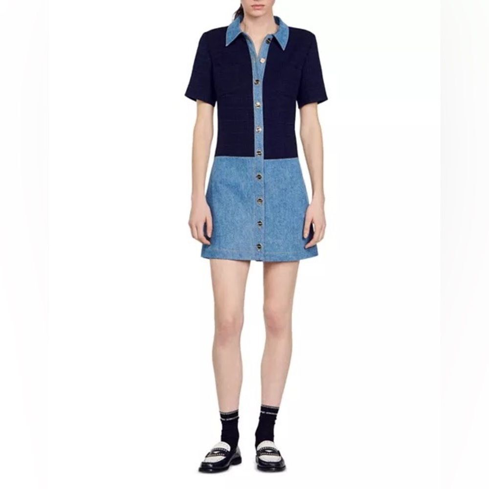 Sandro Brooke Mixed Media Shirt Dress Size US 2 / FR 34 Blue Tweed and Denim - Picture 14 of 16
